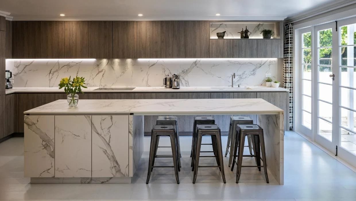 A finished kitchen with a dark timber island and marble benchtop