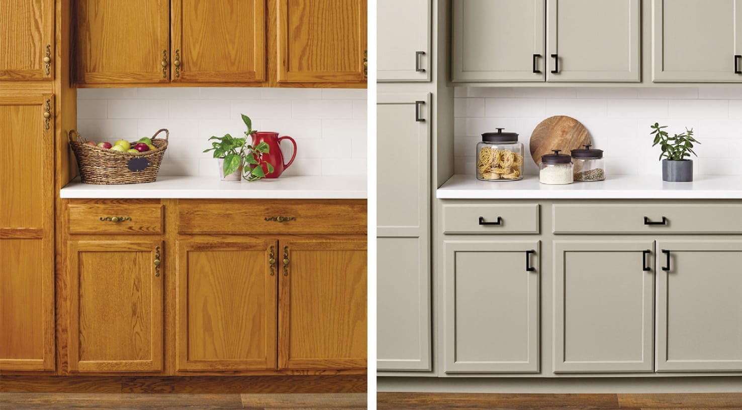 Before and after: an orange timber kitchen resurfaced with light grey painted cabinet doors